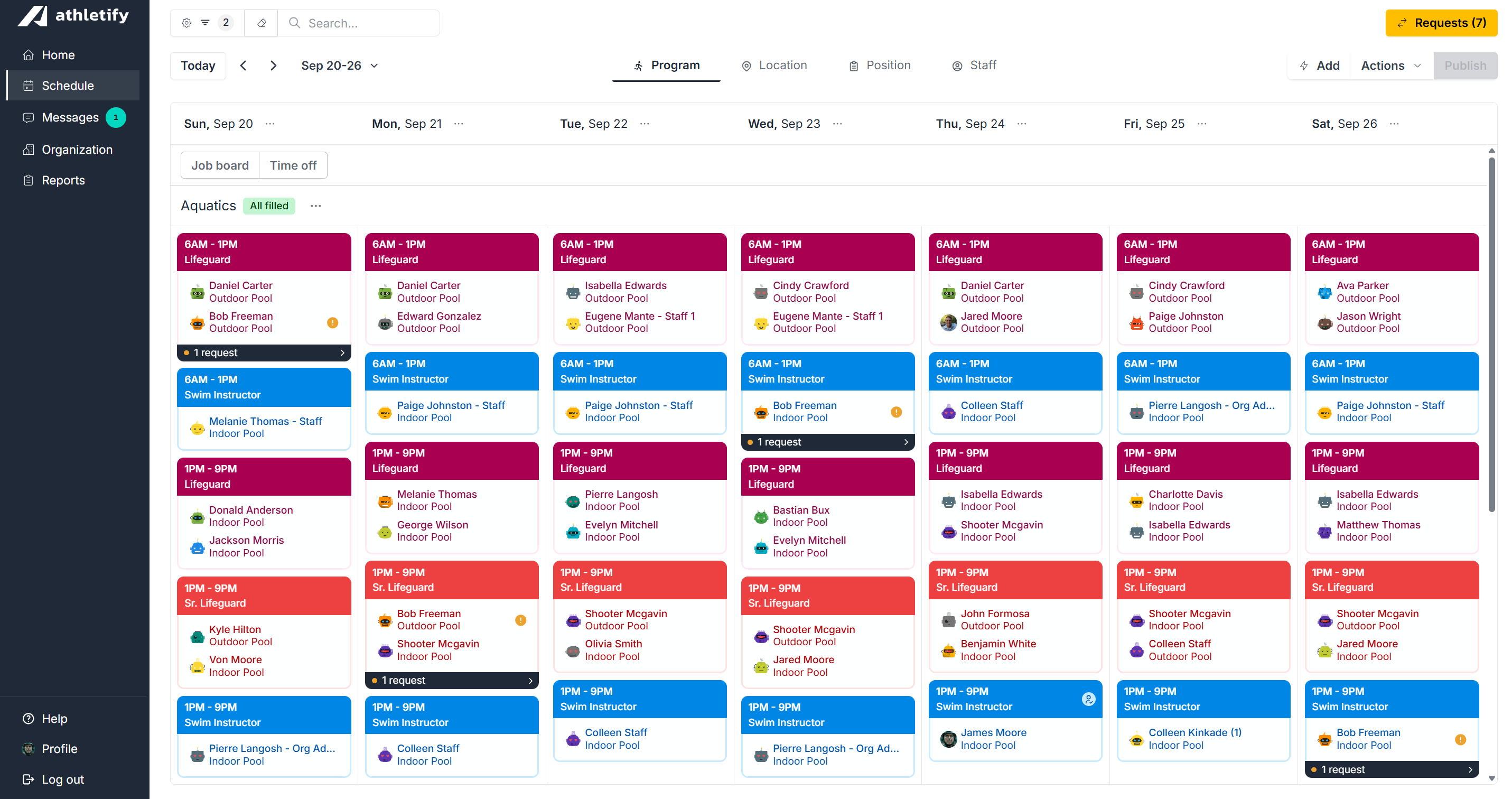 Athletify aquatics schedule view showing lifeguard and swim instructor shifts