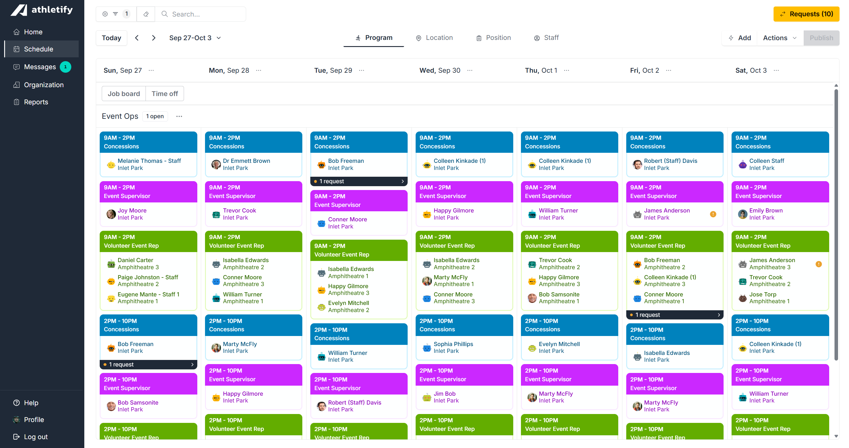 Athletify event operations schedule view showing concessions, event supervisors, and volunteer representatives